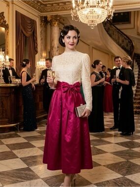 Vintage Lanz Cream and Raspberry Pink Victorian Style Midi Dress NWT